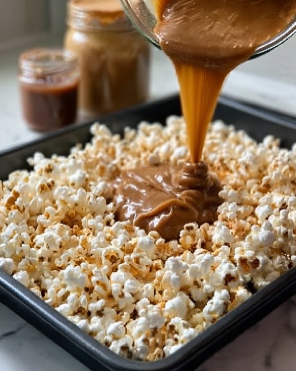 A clear glass bowl filled with white popcorn that has small brown toasted spots is being covered by a thick, creamy beige sauce being poured from above. The sauce is smooth and flows over the popcorn, creating a shiny, wet layer on top. The bowl sits on a surface with a white marbled texture. photo taken with an iphone --ar 4:5 --v 7