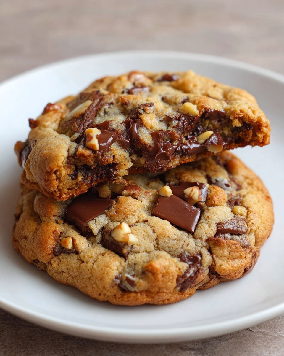 Two thick, round chocolate chip cookies rest on a white plate placed on a white marbled surface. The cookie on the bottom is whole, showing a golden brown, slightly cracked texture with visible dark chocolate chunks and pieces of nuts scattered on the surface. The top cookie is broken in half, revealing a soft, chewy inside filled with melted dark chocolate and bits of nuts, contrasting with the slightly crispy, textured outer layer. The cookie edges are golden and a bit darker, indicating a baked finish. Photo taken with an iphone --ar 4:5 --v 7