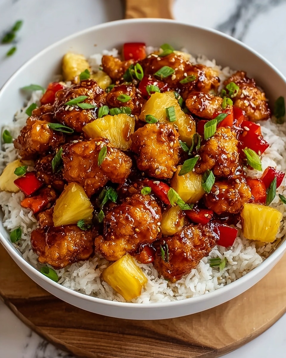 A white bowl filled with a close-up view of sweet and sour chicken. The dish has three main layers: golden brown bite-sized pieces of fried chicken coated in a shiny glaze, bright yellow pineapple chunks scattered evenly throughout, and small red bell pepper pieces adding color contrast. Chopped green onions are sprinkled on top for a fresh touch, creating a mix of warm orange, yellow, red, and green colors with a glossy texture. The bowl sits on a wooden base, which rests on a white marbled surface. Photo taken with an iphone --ar 4:5 --v 7