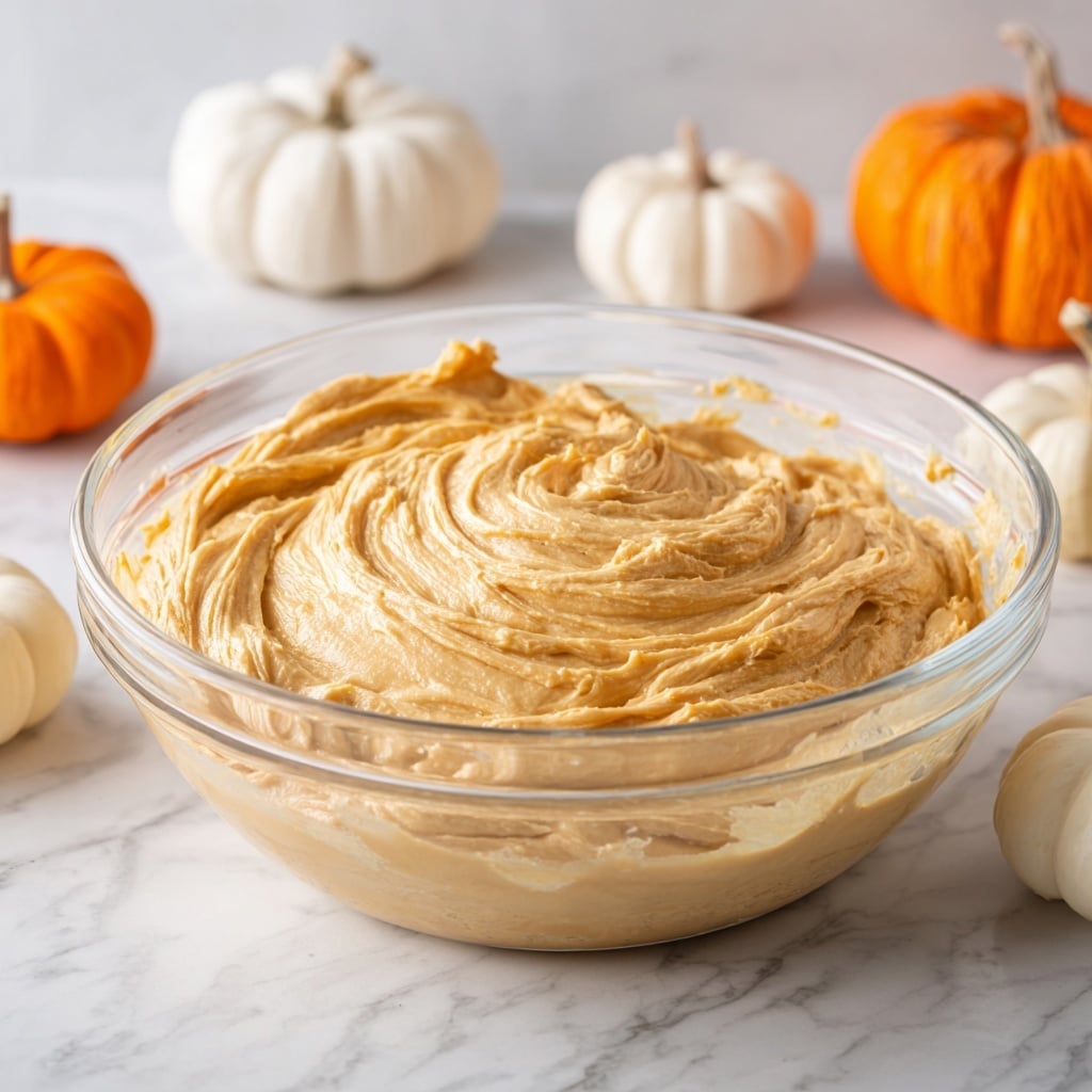 Four cupcakes stand on a black cake stand against a blurred background with soft orange pumpkins. Each cupcake has two layers: a golden brown moist cake base and a thick swirl of light brown frosting with visible specks, piped in a tight spiral on top. The front cupcake is partially bitten, showing the soft crumb texture inside. Star anise pieces rest on the cake stand near the cupcakes. The cake stand and background surface have a white marbled texture. Photo taken with an iphone --ar 4:5 --v 7