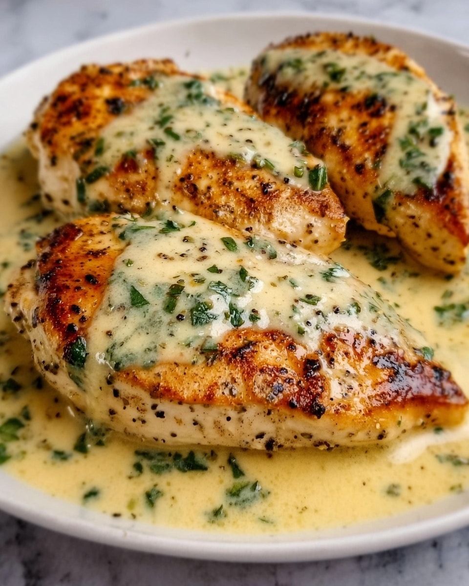Two pieces of grilled chicken breast with a golden brown and slightly charred texture are placed side by side in a white bowl. Each piece is covered with a creamy, light green sauce that has visible chopped herbs mixed in, giving it a textured look. The sauce pools around the chicken at the bottom of the bowl, showing a smooth, slightly thick consistency with more herb pieces scattered throughout. On top of each chicken piece, there are fresh basil leaves with a glossy, deep green color, adding a fresh contrast to the creamy sauce. The bowl sits on a white marbled surface, enhancing the fresh and clean presentation. photo taken with an iphone --ar 4:5 --v 7