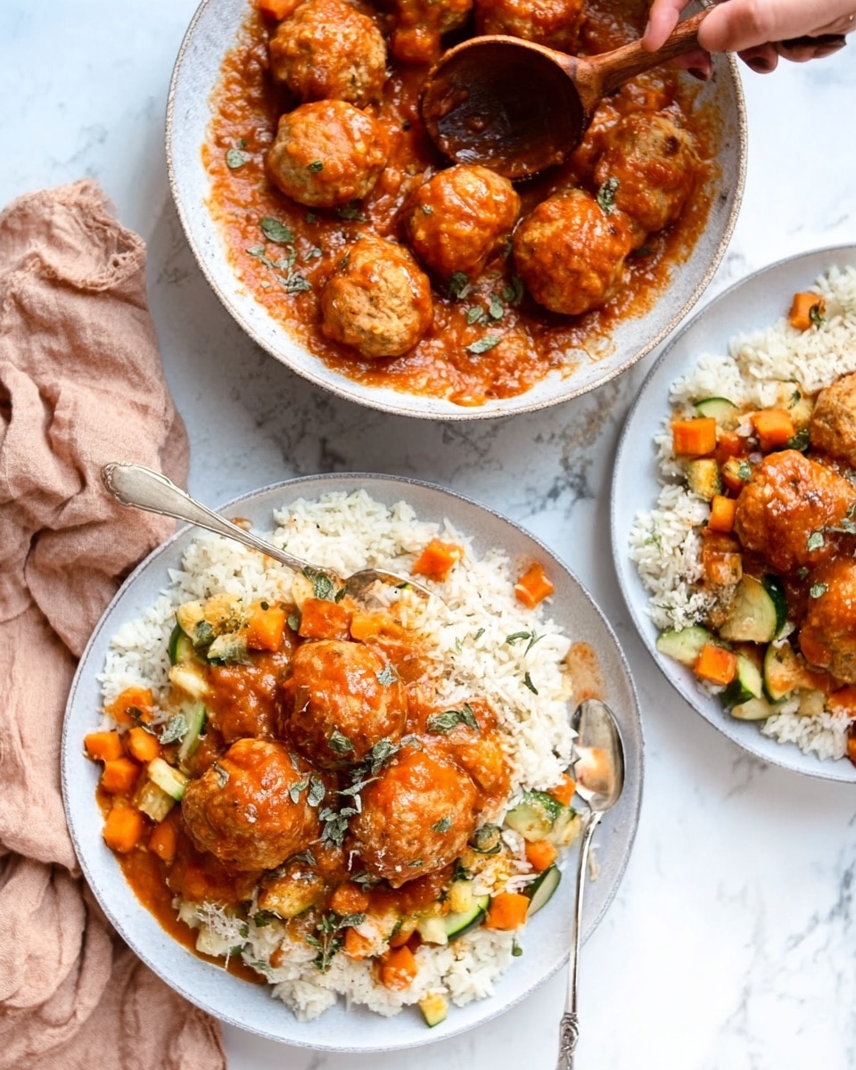 The image shows two white round plates with a layered dish of golden-brown meatballs topped with orange tomato sauce and herbs on a white marbled surface. Each plate contains a base layer of fluffy white rice, followed by a layer of mixed vegetables including small carrot cubes and green zucchini slices. The meatballs sit on top of the vegetables, covered generously with thick, bright tomato sauce dotted with small green herb pieces. A white bowl filled with more meatballs and sauce is placed nearby with a wooden spoon stirring inside, held by a woman's hand. The overall look is warm and inviting with a cozy, home-cooked feel. photo taken with an iphone --ar 4:5 --v 7