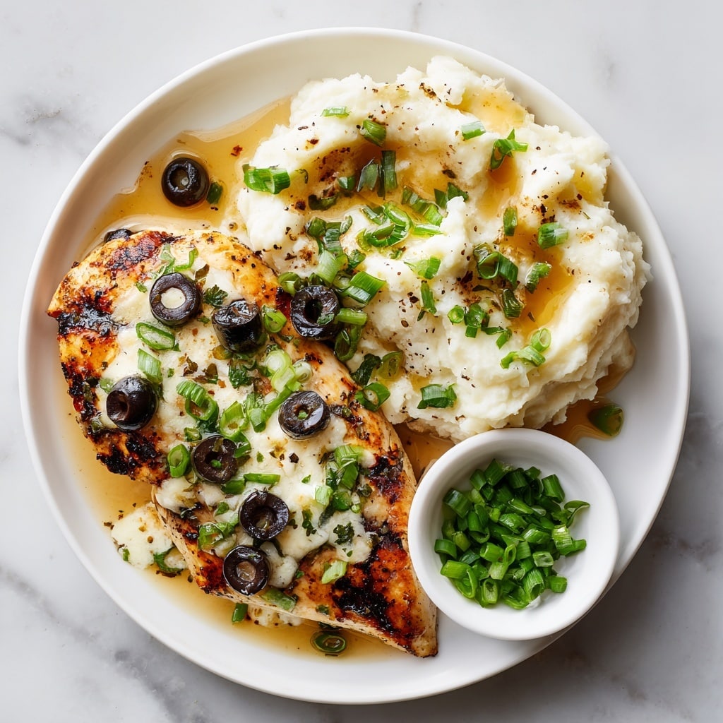 The image shows a close-up of a cooked chicken breast covered in a light brown creamy sauce with small bits of red and green herbs sprinkled on top. The chicken piece has a slightly crispy, golden-brown surface and sits on a black skillet. The creamy sauce surrounds the chicken, creating a smooth, glossy layer underneath. The background shows a blurred white marbled surface with a glass of light yellow drink and some green leaves out of focus. photo taken with an iphone --ar 4:5 --v 7