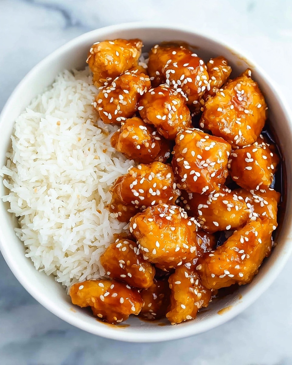 A white bowl holds two main layers: on the left side, a fluffy mound of white rice with soft grain texture, and on the right side, golden-brown chicken pieces covered in a shiny, sticky orange-brown sauce, each piece sprinkled with white sesame seeds, creating a glossy and slightly textured look. The bowl is set against a white marbled surface. photo taken with an iphone --ar 4:5 --v 7