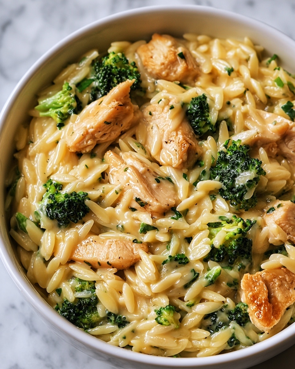 A white bowl filled with creamy orzo pasta mixed with small pieces of cooked chicken and bright green broccoli florets. The dish has a smooth, light beige sauce coating everything, and the pasta pieces have a glossy texture. The chicken chunks are tender and white, scattered evenly through the dish. Small green herb pieces are sprinkled on top along with a light dusting of black pepper. A silver spoon rests inside the bowl. The bowl is on a white marbled surface with a pale gray cloth nearby and fresh basil leaves in the background. Photo taken with an iphone --ar 4:5 --v 7
