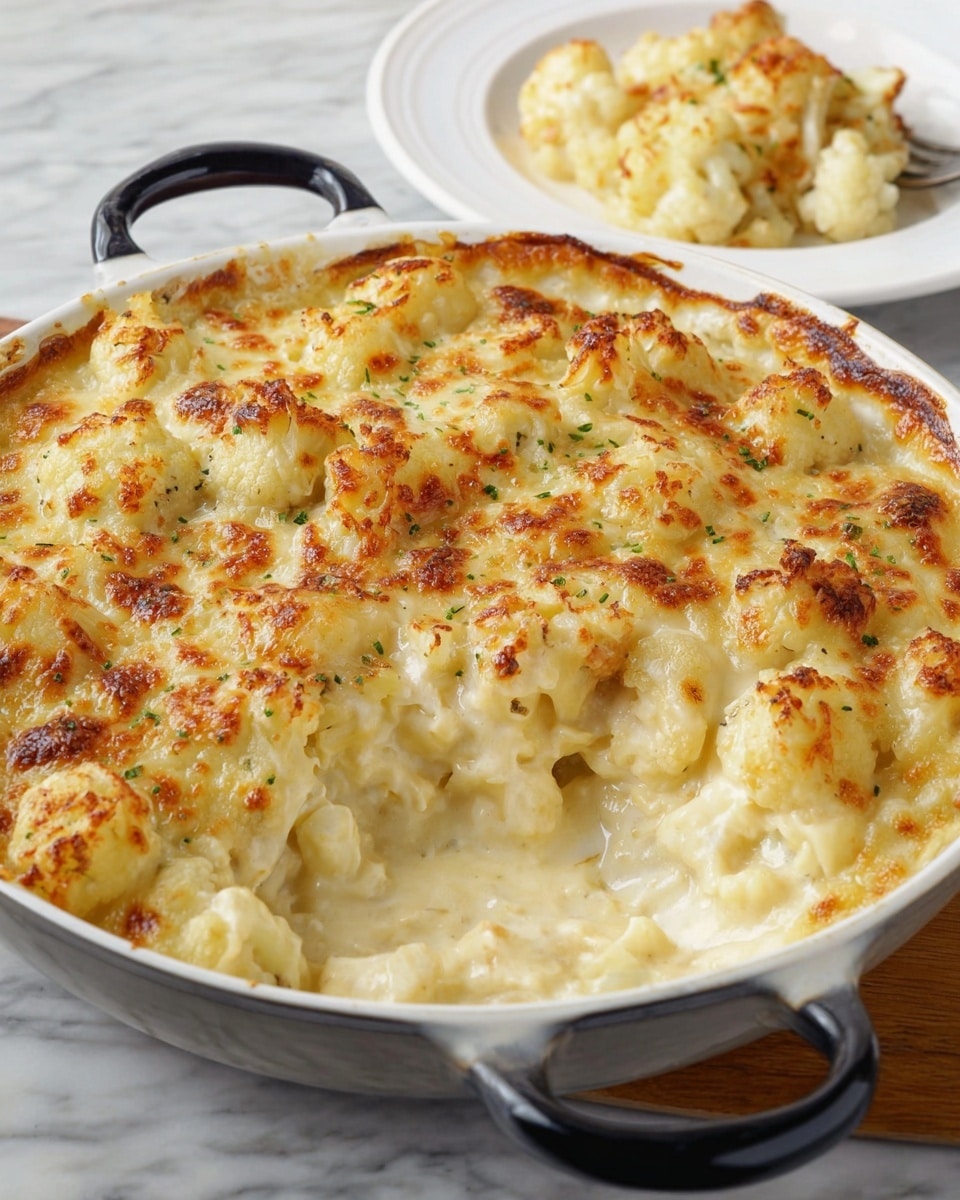 A white ceramic baking dish holds a cheesy casserole with a golden brown top layer speckled with melted cheese and small green onion slices. The top layer looks bubbly and slightly crispy with light browned spots. Below the surface is a thick, creamy white layer that appears soft and smooth. A fork lifts a portion from the dish, showing the gooey melted cheese stretching slightly between the raised scoop and the dish. The dish sits on a white marbled texture, giving a clean and bright feel to the setting. photo taken with an iphone --ar 4:5 --v 7