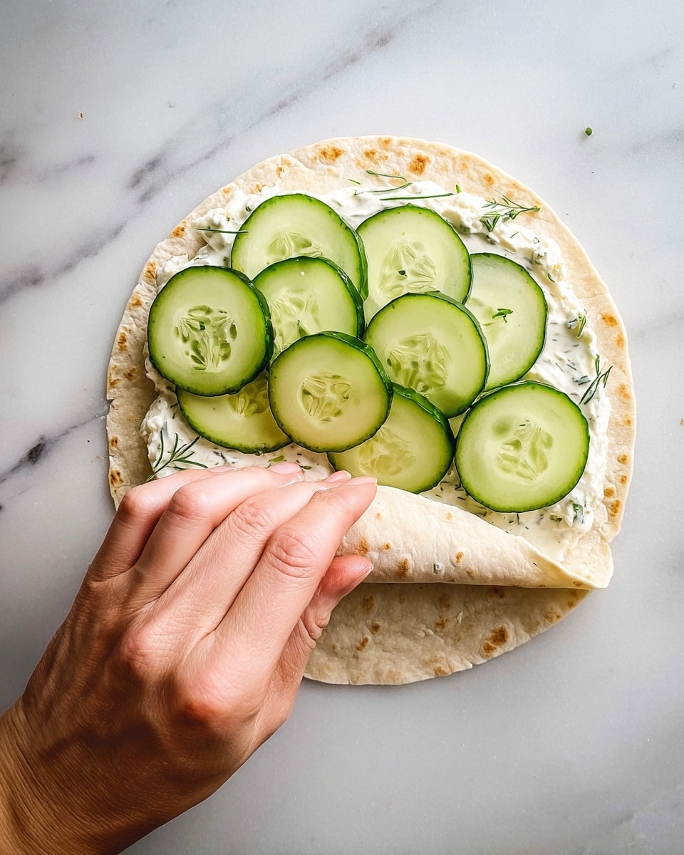 A white rectangular plate holds several slices of rolled wraps, each with three distinct layers visible from the side: the outer light beige tortilla, a middle creamy white layer of cheese spread flecked with small green herbs, and inner thin slices of pale green cucumber, creating a spiral pattern. The wraps are stacked and arranged neatly, showing soft, smooth textures from the tortilla and creamy filling, with crisp cucumber slices adding thin contrasts of color. In the background, fresh green dill sprigs and a white and green striped cloth add a fresh touch, all set on a white marbled surface. Photo taken with an iphone --ar 4:5 --v 7