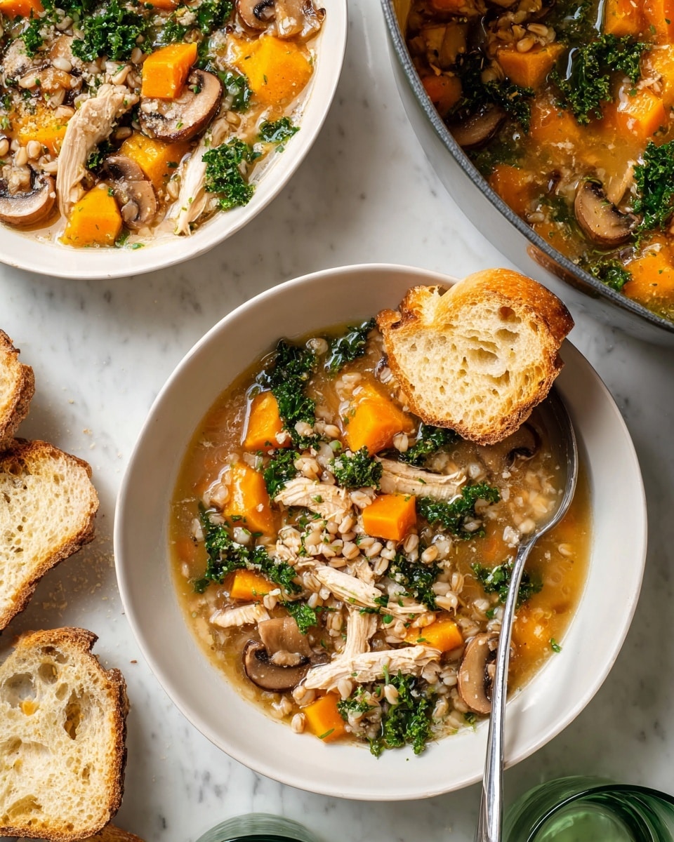 The image shows a bowl of vegetable and chicken soup in a white bowl, filled with a clear broth base. The soup has visible layers with orange cubed butternut squash, light brown shredded chicken, sliced brown mushrooms, green kale leaves, and grains like barley floating throughout. A silver spoon rests inside the bowl, with a piece of torn light golden brown crusty bread placed on the edge, soaking in the soup. Nearby, there is a second white bowl partially shown with the same soup. Also included in the image is a white cooking pot with the same soup inside, showing similar colors and ingredients. The setting is on a white marbled surface with two pieces of golden crusty bread and faintly visible rims of green translucent glasses. photo taken with an iphone --ar 4:5 --v 7