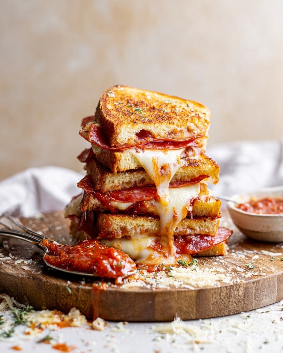 Two grilled sandwiches sit on a round wooden cutting board, each sandwich made of two golden-brown toasted bread slices with a crispy texture. The sandwiches are filled with melted white and yellow cheese and thin, slightly curled red pepperoni slices. Next to the board is a metal spoon with a small amount of thick red sauce, some loose pepperoni slices, and a wedge of pale yellow cheese. In the background, there are two open sandwich halves stacked with more cheese and pepperoni on a white marbled surface with a jar of red sauce nearby. A white and red striped cloth is partially visible on the left side. photo taken with an iphone --ar 4:5 --v 7