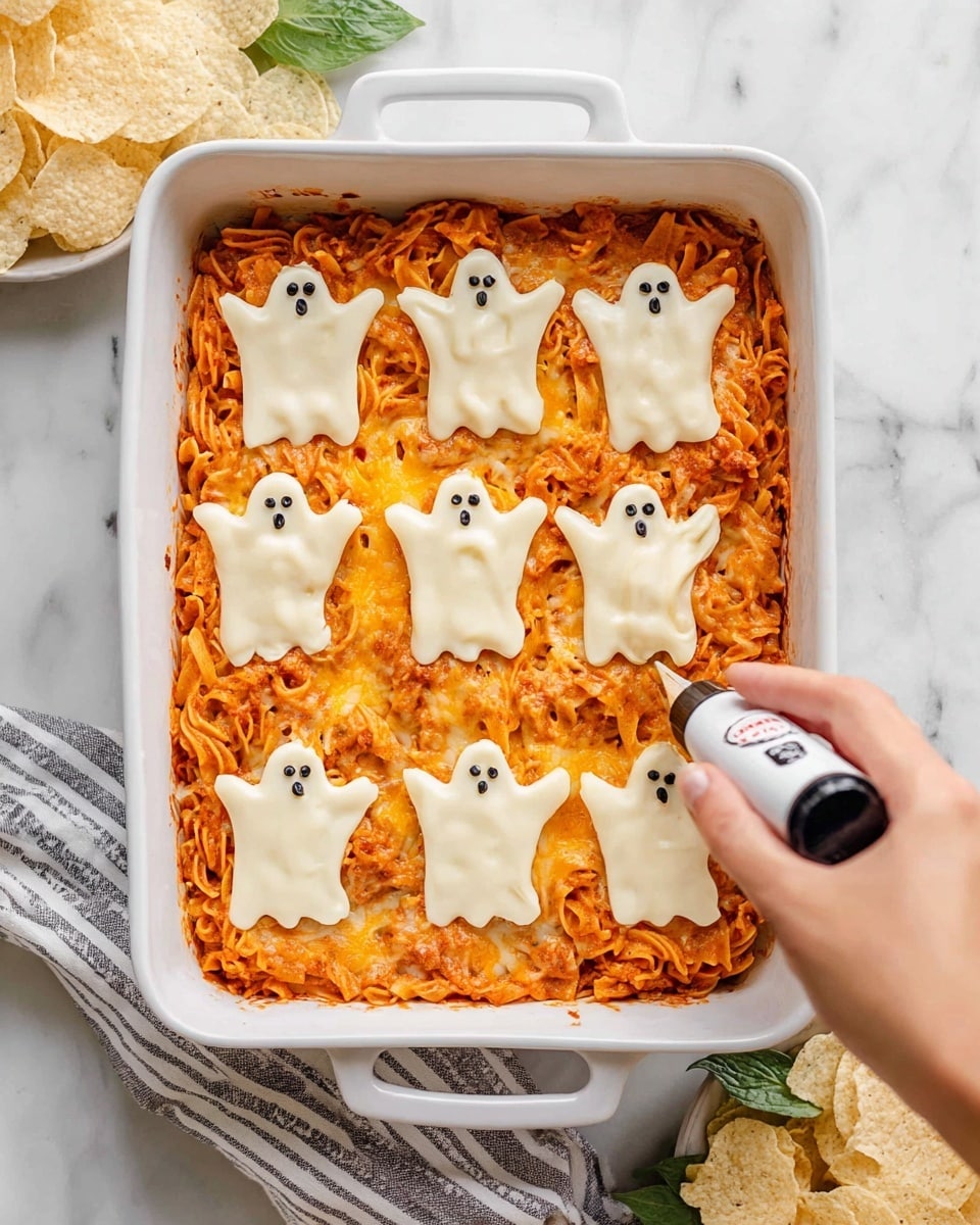 A white rectangular baking dish filled with a baked pasta casserole showing an orange-red layer of shredded sauce-coated pasta at the bottom, topped with six ghost-shaped slices of melted pale yellow cheese. Two of the cheese ghosts have small black icing dots for eyes being added by a woman's hand holding a black icing gel tube just above the bottom right corner ghost. The dish sits on a white marbled surface with a striped cloth napkin partly visible underneath and some green leaves and chips around. Photo taken with an iphone --ar 4:5 --v 7