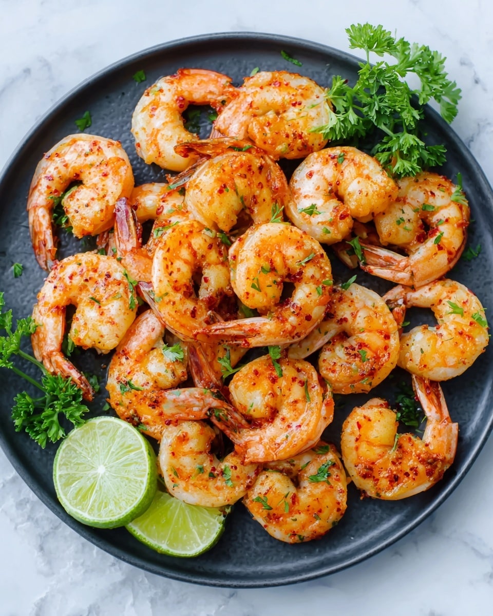 A round white plate holds about sixteen cooked shrimp arranged in a circle and some in the center. The shrimp are orange with red specks, looking juicy and seasoned. Two lime wedges are placed on the lower right side of the plate, and a small bunch of green parsley is beside them. The plate is on a white marbled surface, giving a clean and fresh feel. photo taken with an iphone --ar 4:5 --v 7