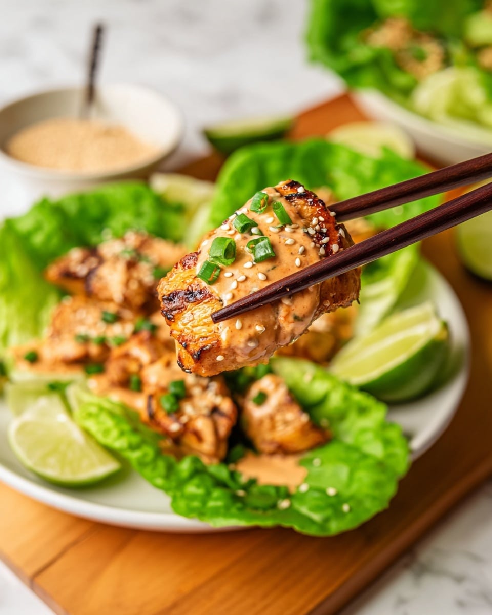 The image shows a piece of golden-brown grilled chicken held by dark brown chopsticks, topped with a creamy, light tan sauce with visible sesame seeds and green chopped scallions. The chicken looks juicy with a charred texture. The background plate is white and filled with more pieces of the same chicken, placed on bright green lettuce leaves that create a fresh, leafy base. The whole plate sits on a wooden board, with a small white bowl of sesame seeds blurred in the background, and lime wedges also visible. The surface beneath is a white marbled texture. photo taken with an iphone --ar 4:5 --v 7
