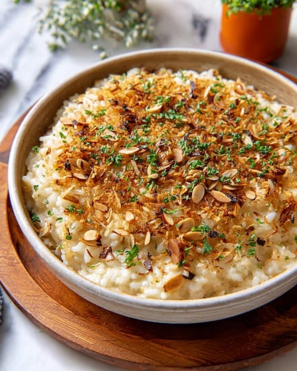 A round, shallow white bowl filled with a creamy rice dish topped by a layer of golden-brown toasted almonds and finely chopped fresh green herbs. The rice beneath looks soft and fluffy, with a slightly off-white color and a few browned bits mixing in, creating a textured surface. The bowl sits on a round wooden board, all placed on a white marbled surface. In the blurry background, a small orange container and green plant add soft touches of color. Photo taken with an iphone --ar 4:5 --v 7