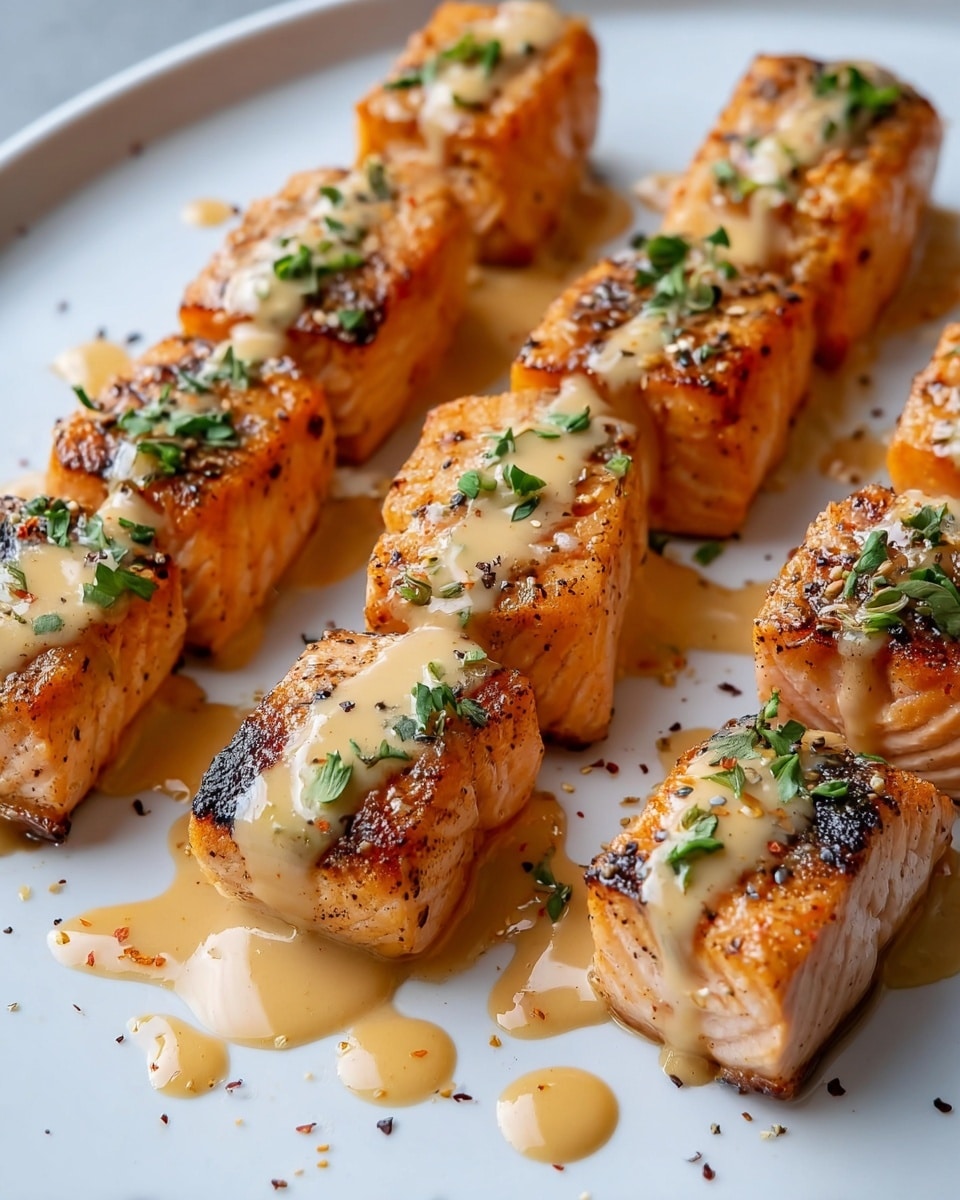 The image shows neat rows of golden-brown salmon cubes placed on a white plate with a white marbled background. Each salmon cube has a slightly crisp, textured outside with visible grill marks and tender, light pink inside. On top of the salmon cubes is a generous drizzle of creamy, beige sauce that glistens under the light. Small bits of fresh green herbs are sprinkled over the salmon and sauce, adding a pop of color. There are drops and smears of sauce around the plate, creating a casual yet appetizing look. photo taken with an iphone --ar 4:5 --v 7