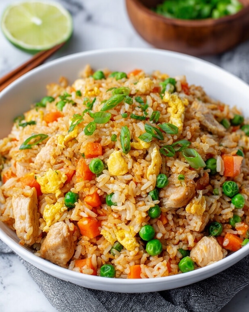 A white pan filled with fried rice showing about three to four layers mixed together, the base layer is light brown cooked rice, mixed throughout with bright orange diced carrots, small green peas, and yellow cooked scrambled egg pieces with a soft texture. Scattered on top are golden-brown grilled chicken chunks with a slight glaze, giving them a shiny, caramelized look. A silver spoon is resting on the left side inside the pan. The background is a white marbled surface with some green sliced scallions in a wooden bowl on the upper left and leafy greens on the right. photo taken with an iphone --ar 4:5 --v 7