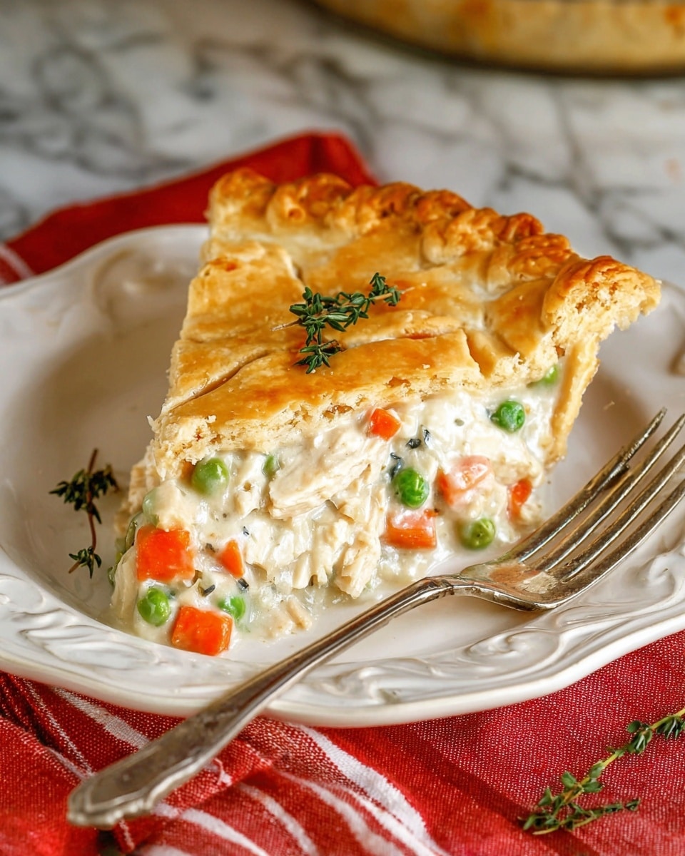 A golden brown pot pie with a flaky, slightly shiny top crust that is crimped along the edges fills a white pie dish in the center. A large slice is missing from the bottom right, showing the creamy white filling inside with chunks of orange carrots, green peas, and bits of chicken. A silver pie server rests inside the dish, partially under the crust, with some filling stuck to it. Small sprigs of green thyme lie on top of the crust. In the background, there is a white plate with a piece of the pot pie and a sprinkle of black pepper. The scene is set on a white marbled surface with a light gray linen napkin nearby, and small bowls with pepper and dried herbs. photo taken with an iphone --ar 4:5 --v 7