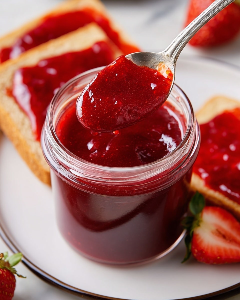A close-up view of a clear glass jar filled with smooth, glossy, deep red strawberry jam, with a silver spoon holding a generous scoop of jam above the jar. The jar sits on a white plate with a thin dark rim, on top of a white marbled surface. In the background on the plate, two slices of toast spread evenly with the same red jam are visible, along with a fresh whole strawberry with green leaves. A few halved strawberries rest partly visible on the white marbled surface around the plate, adding bright red and green accents to the composition. Photo taken with an iphone --ar 4:5 --v 7