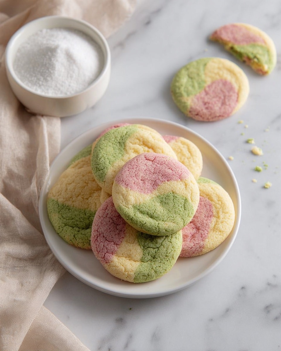 A group of round cookies with three colors divided into roughly equal sections of green, white, and pink on each cookie, placed on white parchment paper over a black cooling rack with a white marbled surface underneath. The cookie in the front is bitten, showing a soft and slightly crumbly texture inside. In the background, there is a small stack of similar cookies. The overall look is soft and slightly bumpy with clear color sections that are evenly distributed on each cookie. Photo taken with an iphone --ar 4:5 --v 7