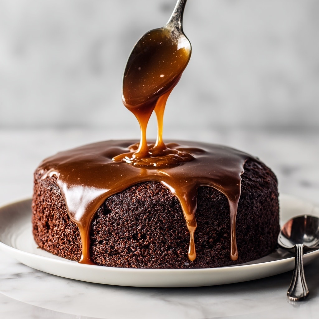 The image shows a single round sticky toffee pudding on a white plate with a grey cloth underneath. The dark brown pudding has a moist and dense texture with a few light-colored bits inside. It is topped with a smooth scoop of creamy white vanilla ice cream. Golden caramel sauce is being poured from a white jug over the ice cream, dripping slowly down the sides of the pudding and pooling on the plate. A spoon with a piece of the pudding rests on the plate near the base of the dessert. In the background, there is another pudding slightly blurred on a white plate. The setting has a soft, white marbled textured surface. photo taken with an iphone --ar 4:5 --v 7