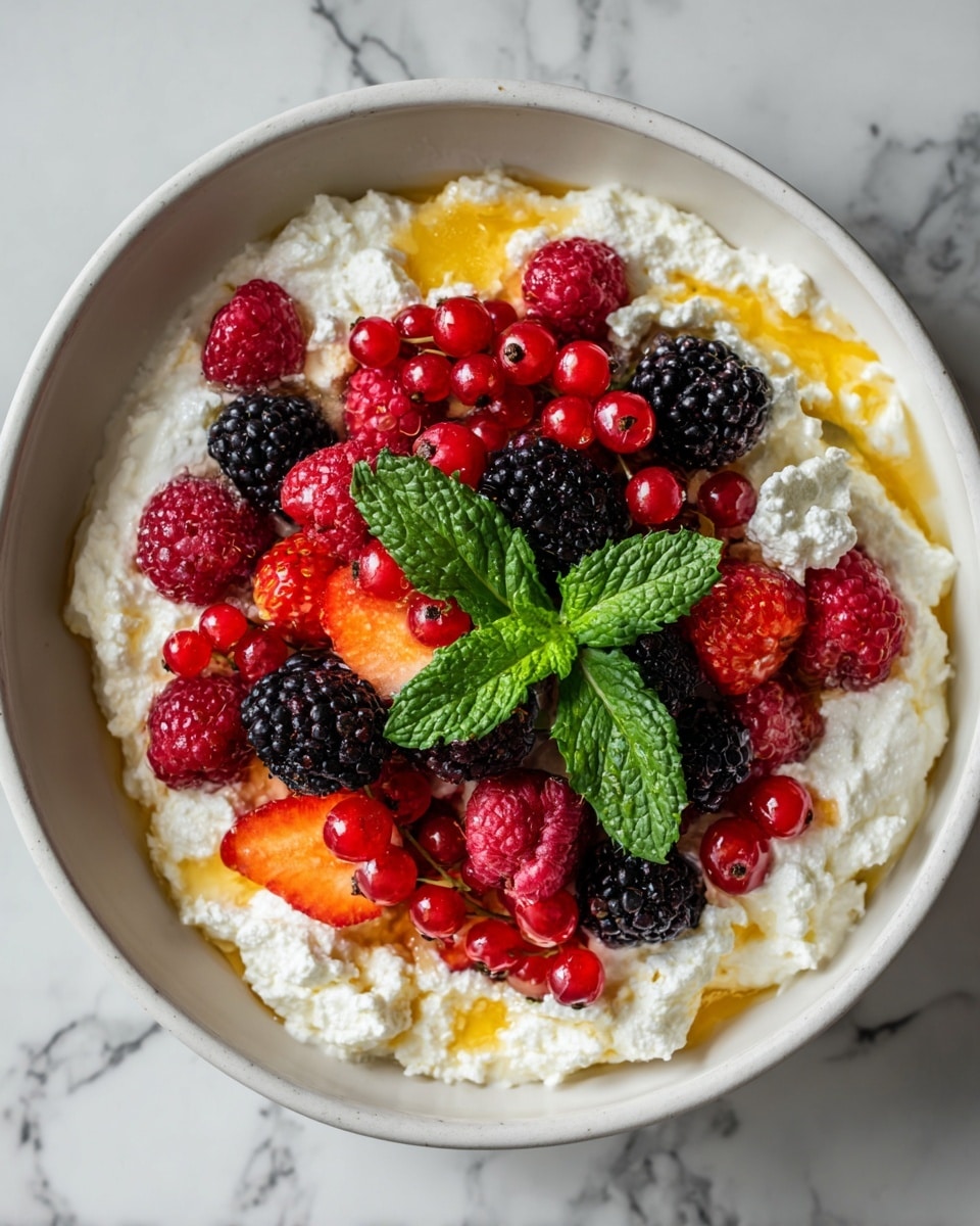 A white bowl filled with a creamy oatmeal base topped with a neat layer of red strawberry slices, blueberries, and blackberries arranged in clusters. On top of the fruit layer, there is a scattering of brown granola pieces adding texture and color contrast. A silver spoon is placed inside the bowl, held by a woman's hand reaching from the side. Surrounding the bowl, there are other white bowls with similar oat or granola mixtures and fruit slices, all placed on a white marbled surface. photo taken with an iphone --ar 4:5 --v 7