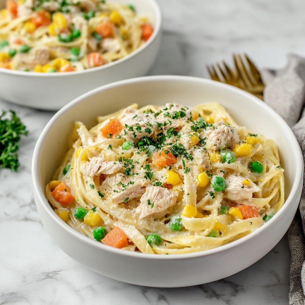 A close-up of a creamy pasta dish served on a white plate shows three layers of textured, bow-tie pasta mixed with bright green peas, small pieces of celery, sliced orange carrots, and yellow corn kernels, all coated in a thick, smooth, pale cream sauce with specks of herbs. A silver fork lifts a portion of pasta from the plate, highlighting the rich sauce and colorful vegetable bits. The background features a blurred white bowl filled with more of the creamy pasta and a white marbled surface beneath. photo taken with an iphone --ar 4:5 --v 7