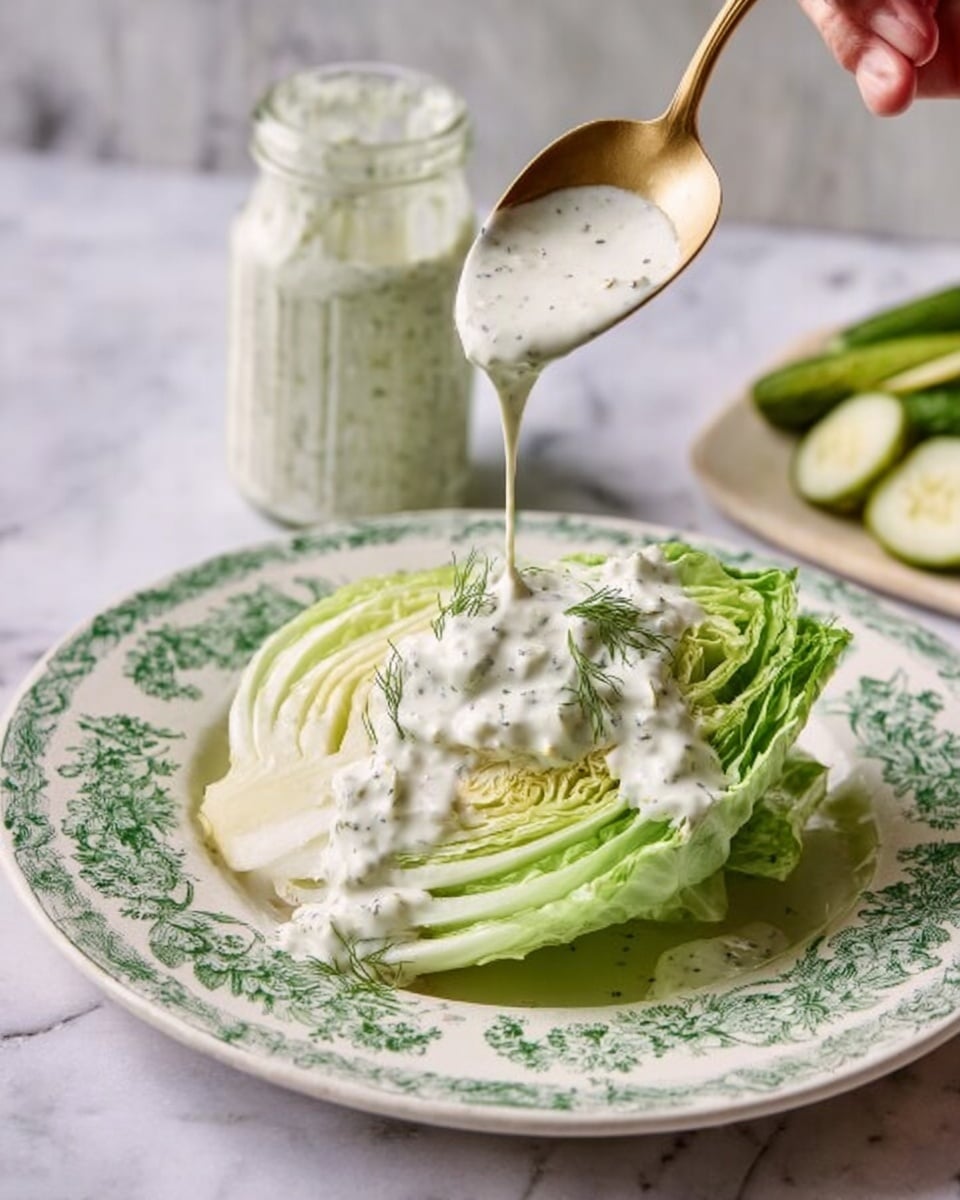 A clear glass jar filled with a creamy white sauce speckled with green herbs fills the center. A woman's hand holds a spoon above the jar, dripping the herb-speckled sauce back down. To the left on a wooden board is fresh bright green dill and chives grouped near a small white speckled bowl holding dried green herbs. To the right on the board is another small white speckled bowl filled with pale green round pickle slices, with more pickle slices spread nearby. All sits on a white marbled surface. photo taken with an iphone --ar 4:5 --v 7
