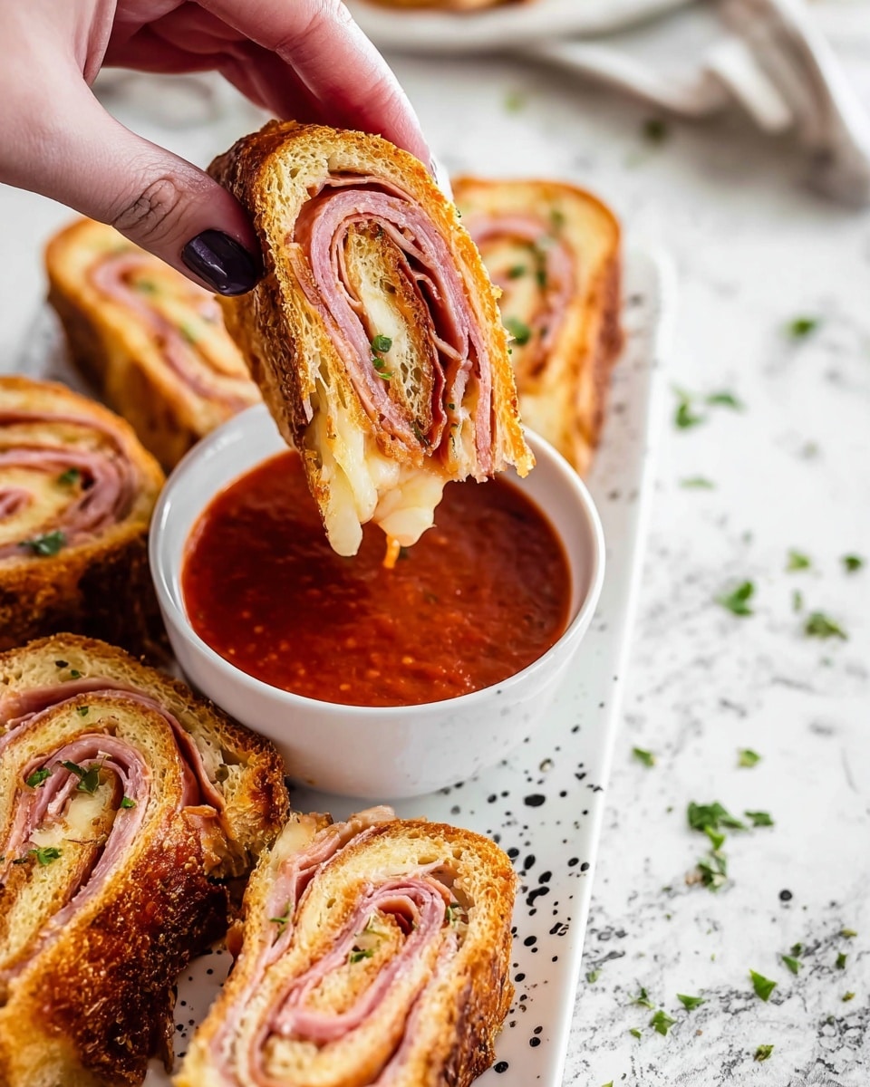 A long bread roll is sliced into several pieces and placed on a wooden board. Each slice shows layers starting with a golden brown toasted crust on the outside, then a soft light beige bread layer, followed by thin pinkish ham slices, and light cream-colored melted cheese in the center. Next to the bread slices, there is a small white bowl filled with bright red tomato sauce. Green herb pieces are sprinkled lightly over the wooden board for decoration. The background is a white marbled texture. photo taken with an iphone --ar 4:5 --v 7