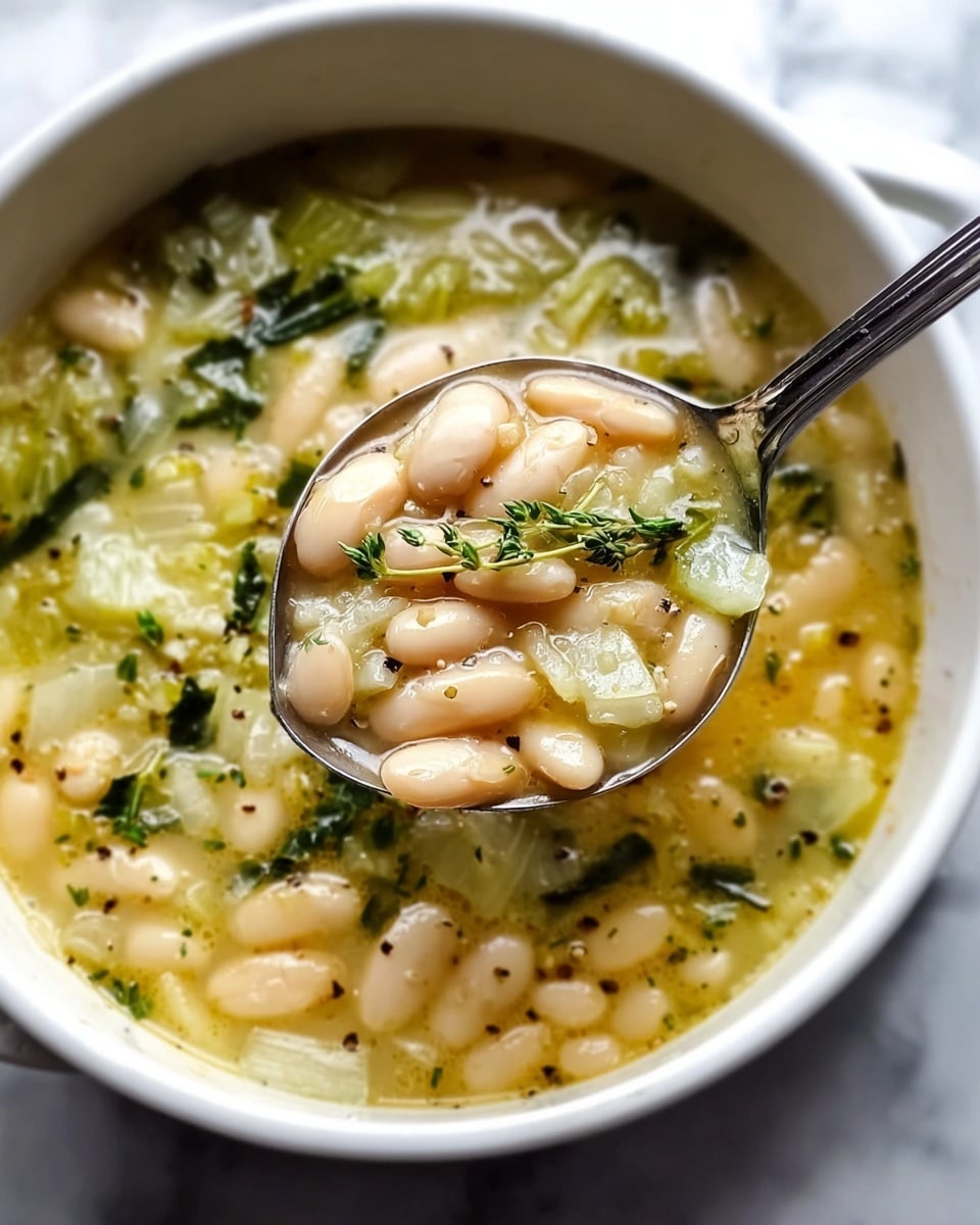 A white pot filled with light yellowish soup that has many white beans and small pieces of green and white vegetables floating inside. The soup looks thick with a creamy texture. There are tiny black pepper specks and small green herb leaves sprinkled on top. A shiny metal spoon is lifting some of the soup, showing the beans, soft vegetable pieces, and broth clearly. The scene is set on a white marbled surface with soft natural light. photo taken with an iphone --ar 4:5 --v 7