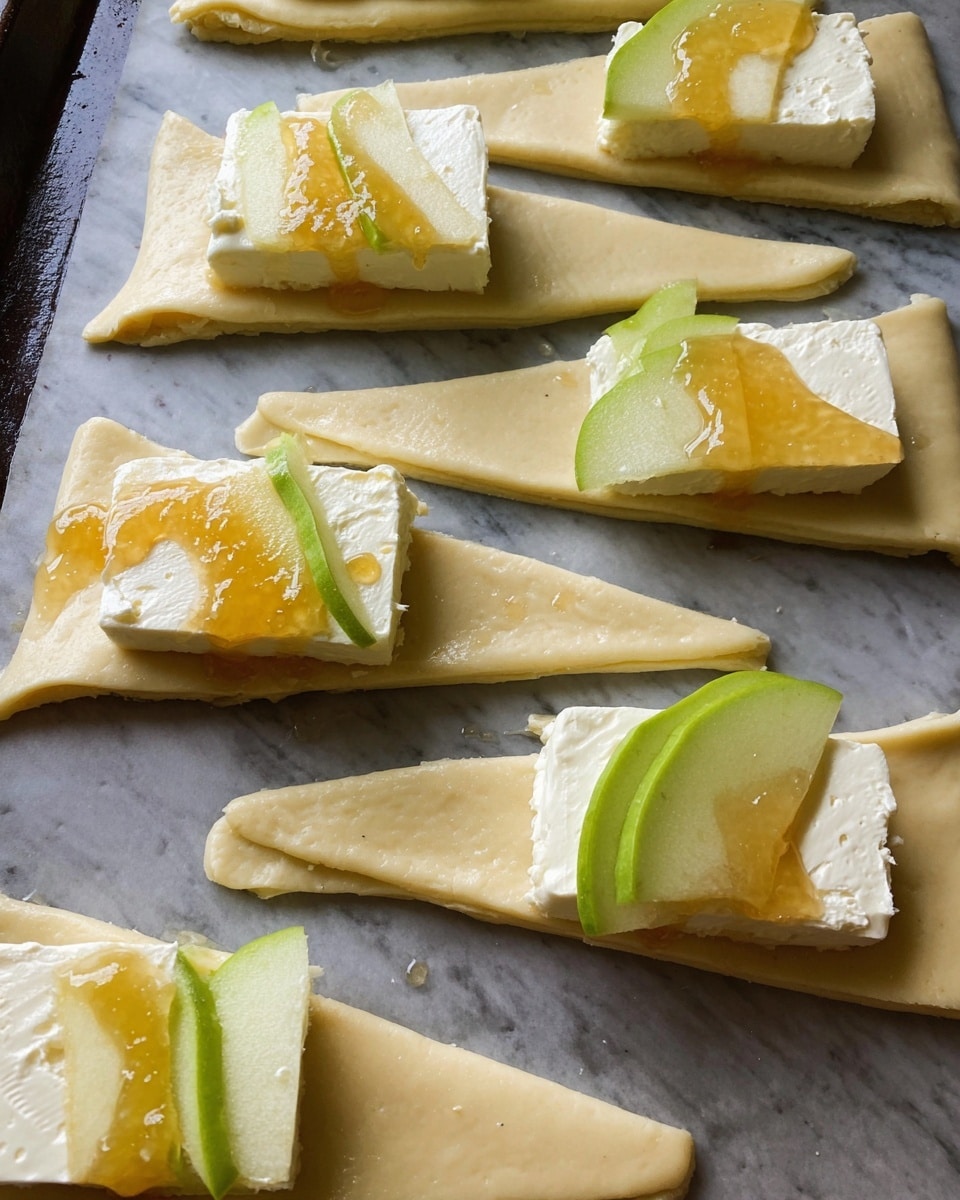The image shows seven raw dough triangles laid out on a dark baking tray. Each dough piece is light beige with a soft, smooth texture and placed with the wider side closest to the top of the tray, tapering to a point at the bottom. On the wider end of each triangle, there is one thin green apple slice layered flat. On top of the apple slice sits a thick rectangular piece of creamy white brioche-like cheese with a soft rind. Drizzled over the cheese and apple is a golden syrup or honey that pools slightly between layers, adding shine and a sticky texture. The background is a white marbled texture. Photo taken with an iphone --ar 4:5 --v 7