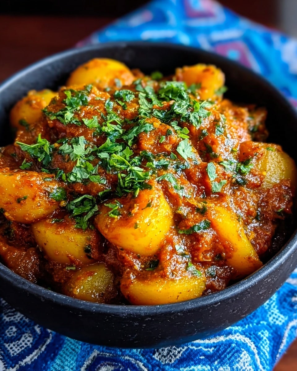 A blue bowl filled with a potato stew showing many chunks of golden yellow potatoes mixed with small bits of red bell pepper and finely chopped green herbs sprinkled on top. The stew looks thick and rich with a reddish-brown sauce coating the potatoes. The bowl sits on a folded blue and white patterned cloth placed on a white marbled surface. In the blurred background, there is a white bowl filled with chopped green herbs. Photo taken with an iphone --ar 4:5 --v 7