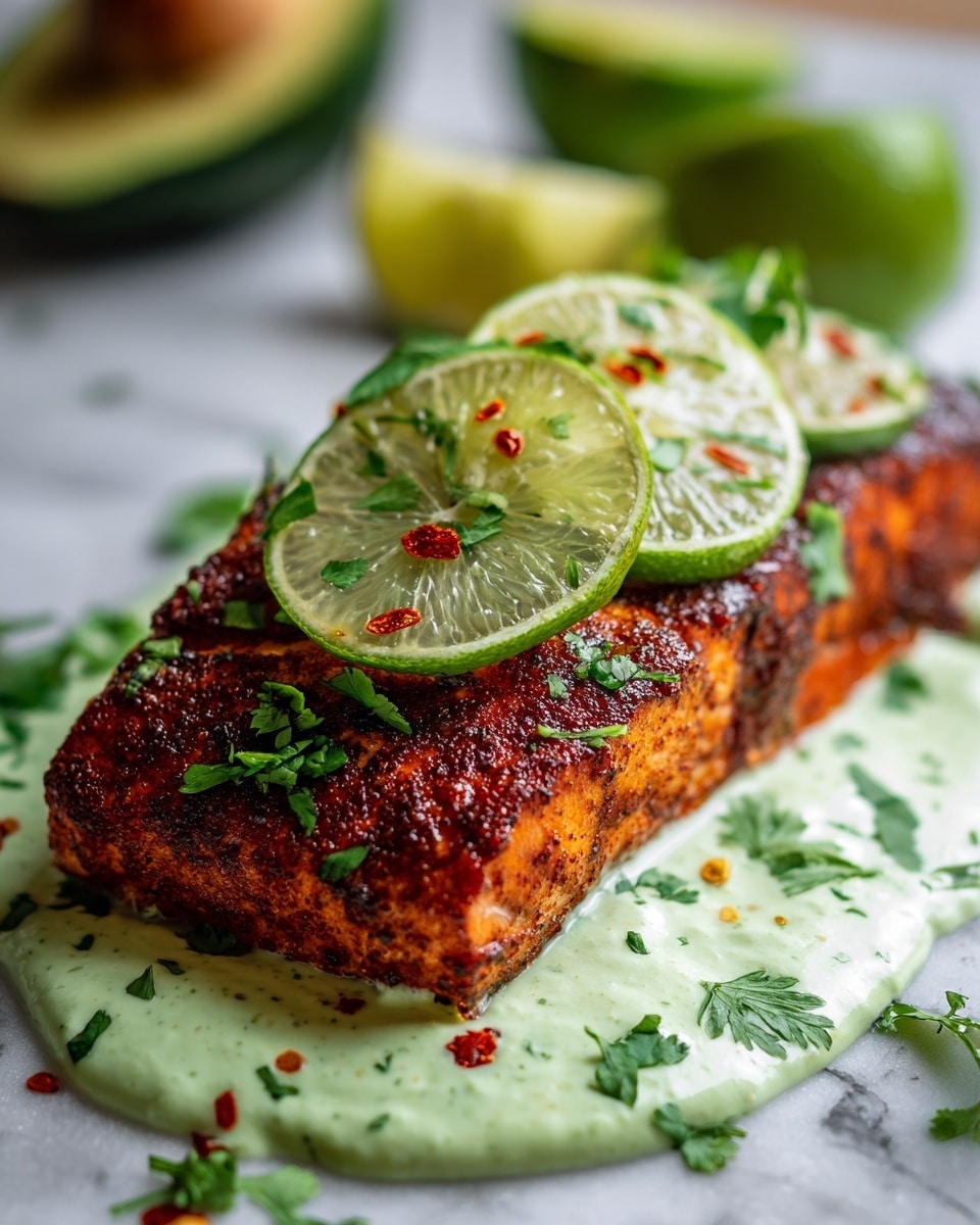 The image shows one thick, well-cooked piece of salmon with a crispy, dark orange-brown crust covered by green herb sauce drizzled in two thick dollops on top, with some sauce dripping down the side and pooling on the white marbled surface. The salmon is sprinkled with fresh chopped green herbs. Around the salmon, there are two lemon wedges showing their light yellow-green flesh and some slices of avocado in the background. The dish is placed on a piece of parchment paper over the white marbled surface. Photo taken with an iphone --ar 4:5 --v 7