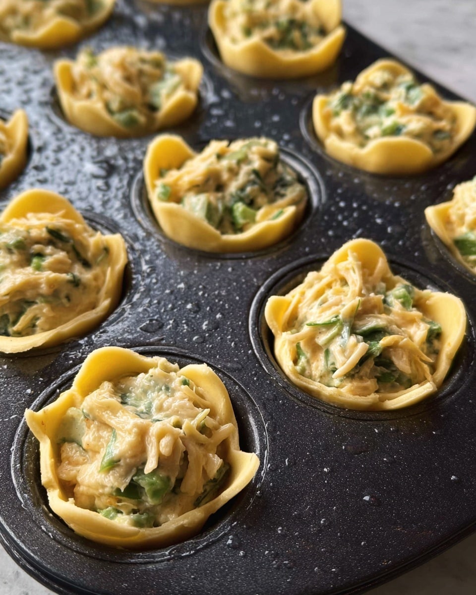The image shows a close-up of a black muffin tray filled with small dough cups, each holding a creamy mixture. Each dough cup has a single layer of pale yellow dough forming a small bowl shape, soft and slightly puffy around the edges. Inside each dough cup is a thick, light beige filling with visible chunks of green vegetables and some bits of shredded cheese or similar creamy ingredient, giving a speckled texture. The muffin tray surface is shiny with droplets of moisture and a slightly rough texture. The photo has a white marbled texture as the background. Photo taken with an iphone --ar 4:5 --v 7