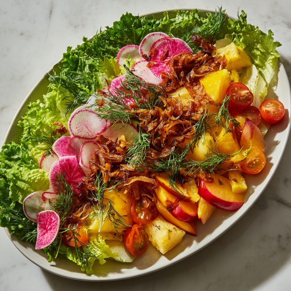 The image shows a large white oval bowl filled with a fresh salad on a white marbled surface. The salad has several layers, starting with a base of dark green leafy lettuce and spinach. On top, there are vibrant orange peach slices, thinly sliced red radishes, and deep red cherries scattered evenly. Small white chunks of cheese are sprinkled over the salad, with a light sprinkling of black pepper adding texture. A gold spoon rests beside the bowl. The colors are bright and fresh, highlighting the mix of textures from soft fruit to crunchy greens. Photo taken with an iphone --ar 4:5 --v 7