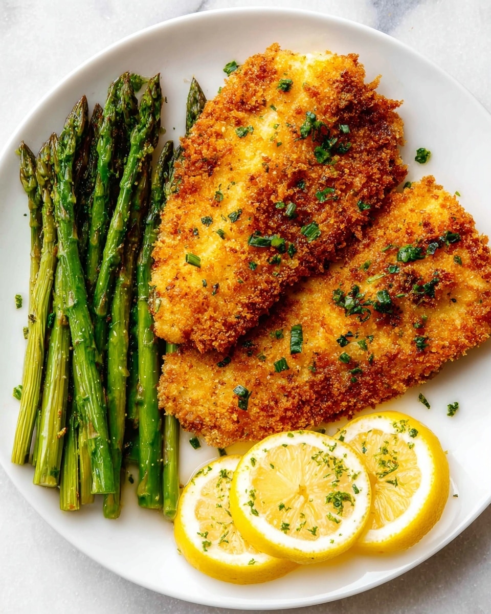The image shows a white plate with a piece of golden-brown breaded fish fillet as the main focus, featuring a crispy, uneven crumb coating sprinkled with small green herb bits. The fillet is cut open to reveal a thick, white, flaky inside. Near the fillet, there are two green asparagus spears and a small lemon wedge with a bright yellow color. A silver fork holds a piece of the flaky inside in the bottom right side of the plate. The plate is set on a white marbled surface, creating a clean and bright background. photo taken with an iphone --ar 4:5 --v 7