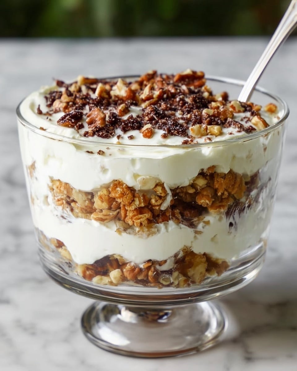 The image shows a clear glass trifle bowl filled with a layered dessert. The bottom layer is a crumbly, light brown mixture with small nut pieces, followed by a thick white cream layer. Above this is another crumbly nut and oat layer mixed with darker pieces, then another thick white cream layer. On top of this sits a generous caramel sauce dripping down the sides. The dessert is finished with piped white cream swirls around the edge, chopped nuts sprinkled over, and whole pecans arranged in the center. The bowl stands on a white marbled surface. Photo taken with an iphone --ar 4:5 --v 7