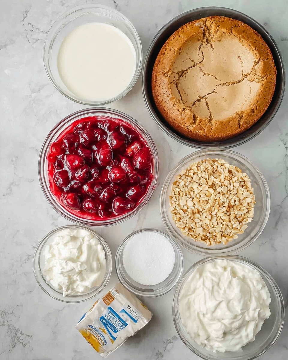 The image shows several clear glass bowls placed on a white marbled surface, each containing different dessert ingredients. At the top right, there is a baked round cake with a light brown cracked texture in a black pan. To its left, a bowl of white milk sits next to a bowl filled with finely chopped nuts of beige and light brown colors. Below, a bowl of bright red cherry pie filling with glossy cherries sits next to a small white packet of vanilla pudding mix. In the bottom row, from left to right, bowls hold fluffy white whipped cream, creamy white pudding, and a small white container of white granulated sugar. All items are arranged neatly in a grid-like pattern. Photo taken with an iphone --ar 4:5 --v 7