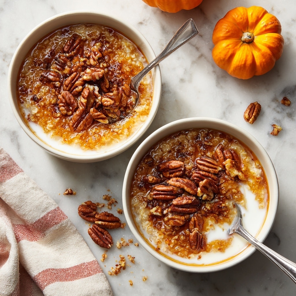 A white bowl filled with three layers: the bottom layer is white milk pooling around the edges, the middle layer is thick, orange-brown oatmeal or porridge with a creamy texture, and the top layer is scattered pecan halves and pieces, deep brown and shiny. A silver spoon rests inside the bowl partially submerged in the oatmeal. The bowl sits on a white marbled surface with a small orange pumpkin, pecans, and crumbs scattered around. In the corner, part of a striped cloth is visible. Photo taken with an iphone --ar 4:5 --v 7