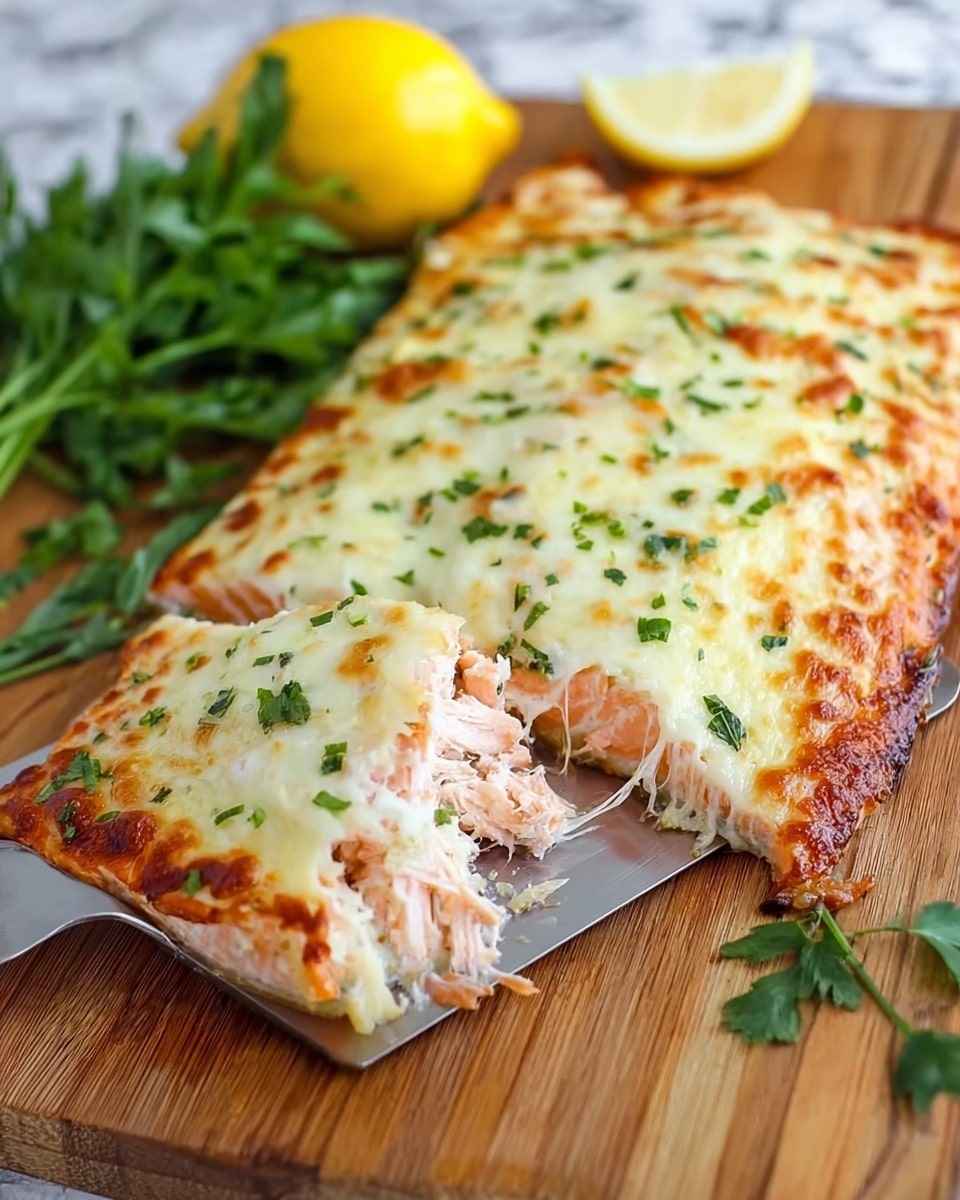 The dish shows one thick piece of salmon fillet topped with a creamy white sauce sprinkled with small green parsley leaves and thin light yellow cheese shavings. A bright yellow lemon wedge sits on top of the salmon on the left side. Behind the salmon, dark green cooked green beans are stacked, and to the right, there are golden brown roasted potato pieces. All the food sits on a white plate placed on a white marbled surface, with a block of pale yellow cheese partly visible in the lower left corner. Photo taken with an iphone --ar 4:5 --v 7