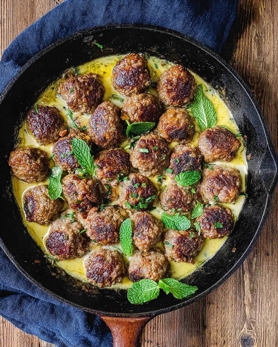 A black cast iron skillet sits on a white marbled surface, filled with about thirty browned meatballs that have a crispy, textured outer layer. The meatballs are laid in a light yellow creamy sauce that pools around them, with some green fresh mint leaves placed on top and scattered among the meatballs for contrast. The skillet rests on a dark blue cloth, and the whole setup shows a rustic wooden table beneath, adding a natural, warm tone. photo taken with an iphone --ar 4:5 --v 7