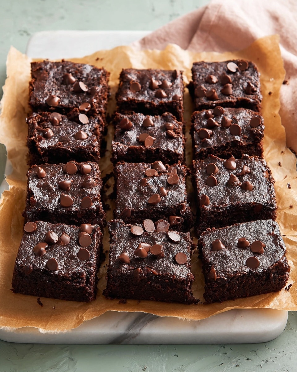 A set of twelve square dark brown brownies arranged in three rows on a piece of light brown parchment paper. Each brownie is thick with a slightly cracked surface, generously sprinkled with small, shiny chocolate chips on top giving a mix of smooth and slightly glossy texture. The brownies rest on a white plate that is partially visible underneath the parchment paper, all placed on a white marbled textured background with soft natural lighting highlighting the rich, dense look of the brownies. Photo taken with an iphone --ar 4:5 --v 7