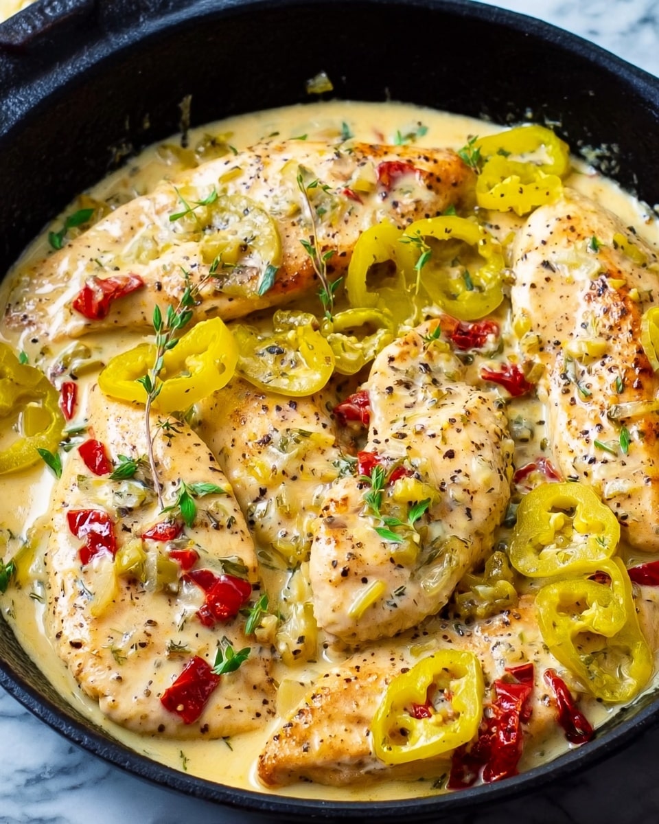 A white plate holds a dish with three pieces of browned chicken breast topped with creamy sauce, thin yellow pepper strips, and bits of red bell pepper. The chicken has a slightly crispy texture with herbs sprinkled on top. The sauce is light yellow, creamy, and covers parts of the chicken and peppers. Fresh green parsley leaves are scattered on the plate and a fork is placed near the food. The dish is set on a white marbled surface with blurred parsley leaves in the background. photo taken with an iphone --ar 4:5 --v 7