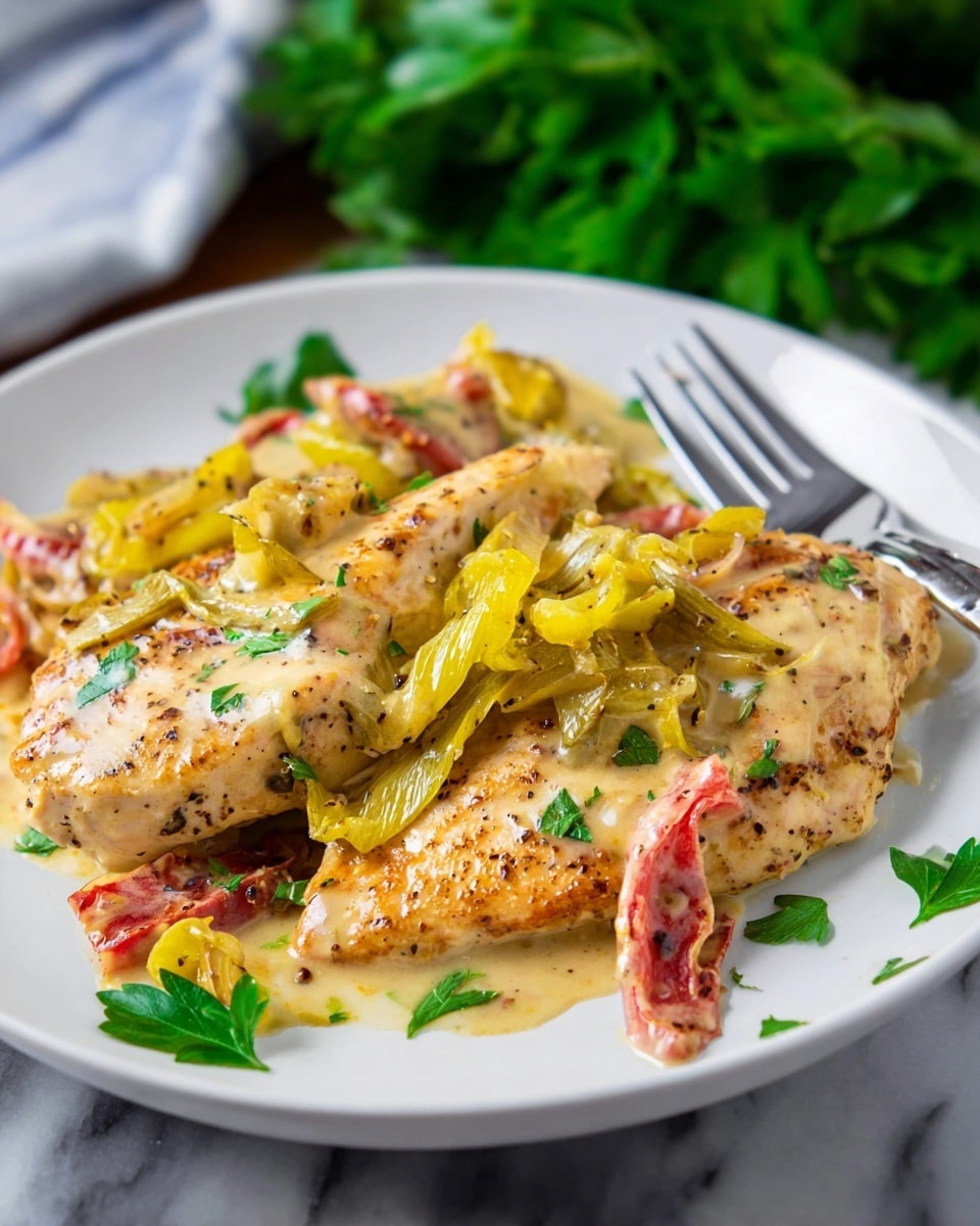 The image shows a black skillet filled with cooked chicken breasts covered in a creamy sauce. The chicken pieces have a golden brown color with specks of black pepper and herbs. The creamy sauce is light yellow and thick, spreading evenly around the chicken. Scattered on top and around the chicken are slices of bright yellow-green pickled peppers and small bits of red peppers, adding a pop of color. There are also small green herb leaves sprinkled across the dish. The background is a white marbled texture. photo taken with an iphone --ar 4:5 --v 7