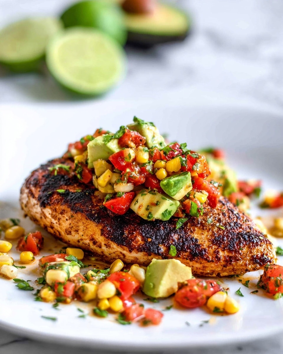 A grilled chicken breast with a dark brown, slightly charred texture sits on a white plate. On top, there is a colorful mix of diced red tomatoes, chunks of yellow avocado, light yellow grilled corn, and bits of green herbs. Some of the corn and tomato pieces fall around the chicken on the plate. In the background, there are blurred lime halves and wedges on a white marbled surface. The photo taken with an iphone --ar 4:5 --v 7