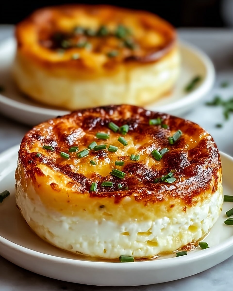 The image shows two round, golden-brown baked cheese dishes on white plates resting on a white marbled surface. Each dish has three main layers: a thick white creamy cheese base at the bottom, a middle layer of soft yellow melted cheese, and a top layer that is nicely browned and slightly crispy, with some darker spots. Small green herb pieces, likely chives, are scattered on the top surface of each cheese circle, adding a fresh touch. The dishes look thick and fluffy with a slightly uneven texture on top, indicating a soft, rich interior. photo taken with an iphone --ar 4:5 --v 7