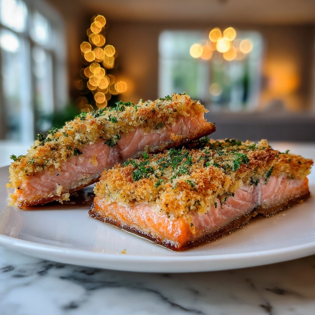 A single piece of baked salmon lies on a white plate, showing three main layers: the bottom layer is a pink-orange cooked salmon fillet with a slightly shiny and moist texture; the middle layer is thin and barely visible, where the salmon meets the crust; the top layer is a thick, golden-brown breadcrumb crust with crisp, toasted bits and green herb pieces scattered evenly across the surface, giving a crunchy and flavorful look; the salmon edges have a slight charring that adds a crisp finish. The plate rests on a white marbled texture surface, and natural sunlight softly highlights the textures and colors, photo taken with an iphone --ar 4:5 --v 7