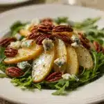 Pear and Arugula Salad with Gorgonzola, Candied Pecans, and Lemon-Honey Vinaigrette