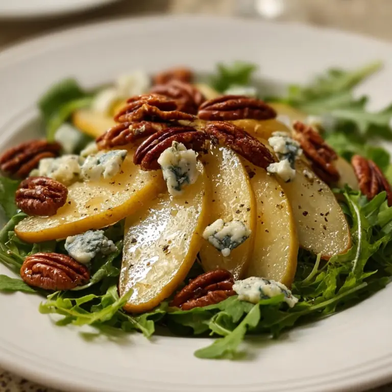 Pear and Arugula Salad with Gorgonzola, Candied Pecans, and Lemon-Honey Vinaigrette