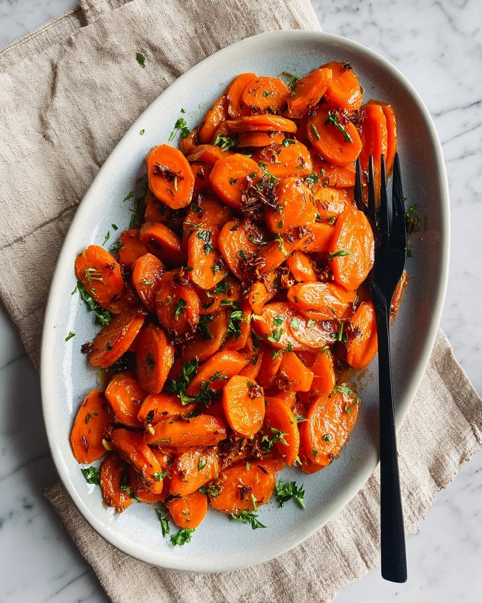 The image shows a close-up of roasted whole carrots arranged neatly in a brown baking dish, each carrot glazed with a shiny golden-brown caramelized surface. The carrots are smooth with slight char marks and are topped with small bright green chopped herbs, likely parsley. The baking dish sits on a light cloth, and a white plate with more herbs is partially visible in the blurred background on a white marbled surface. Photo taken with an iphone --ar 4:5 --v 7