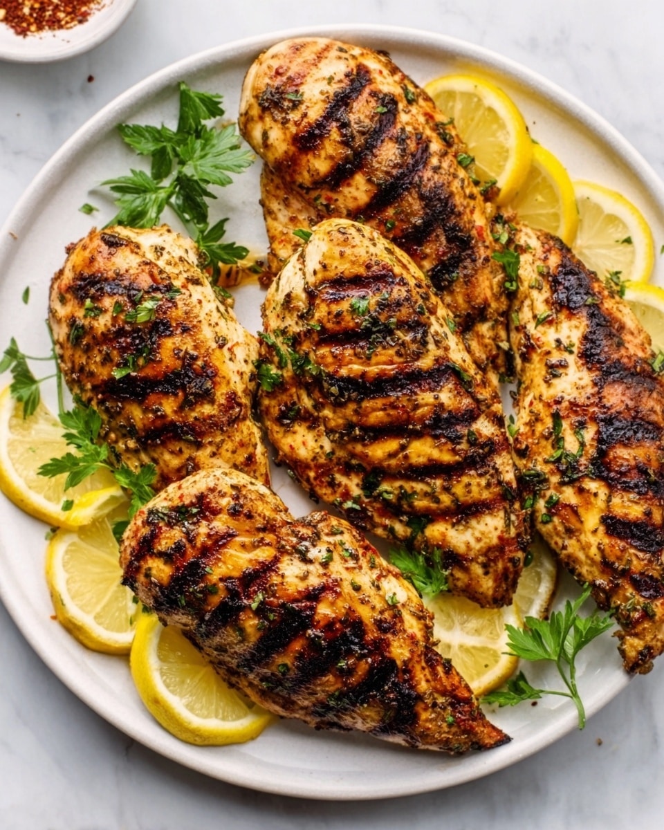 A white plate on a white marbled surface holds five grilled chicken pieces with dark grill marks, each piece showing a golden-brown crispy texture with specks of herbs and spices. Beneath the chicken, thin slices of yellow lemon are arranged, adding a bright contrast. A few sprigs of fresh green parsley are placed around and on top of the chicken, enhancing the color variety. The chicken pieces are positioned in a slightly overlapping row from left to right. photo taken with an iphone --ar 4:5 --v 7