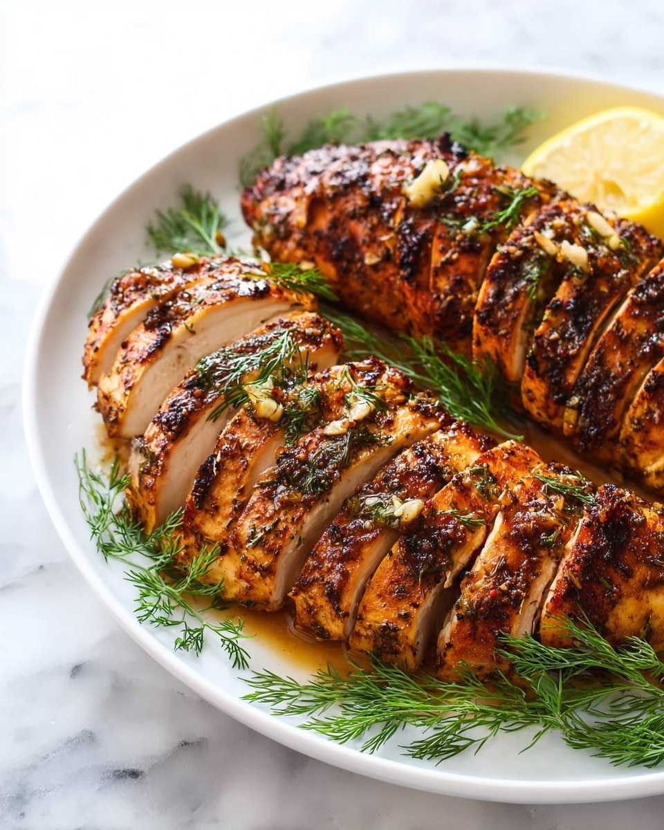 The image shows two pieces of grilled chicken breast sliced into thick, even pieces arranged side by side on a large white plate. The chicken skin has a golden-brown, slightly charred texture with visible herbs and small bits of garlic on top, giving a spicy, roasted look. Bright green dill sprigs are scattered over the chicken and plate, adding a fresh contrast. At the back of the plate, a lemon wedge peeks out, adding a pop of yellow color. The plate sits on a white marbled surface that brings attention to the warm tones of the chicken. photo taken with an iphone --ar 4:5 --v 7